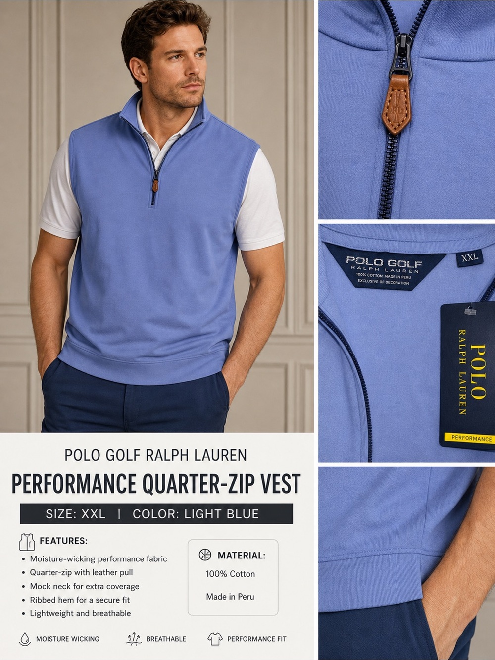 Polo Golf Ralph Lauren Light Blue Performance Quarter‑Zip Vest XXL